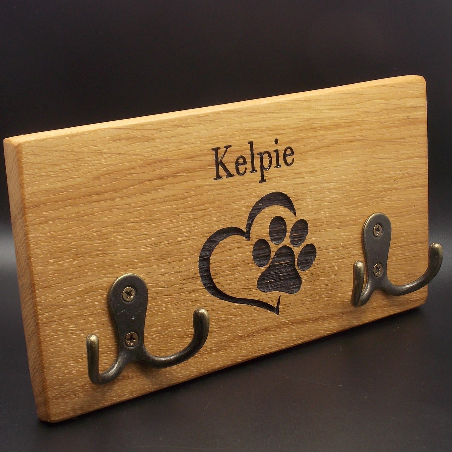Personalised Oak Dog Lead Holder: Single Name Engraved with Brass Hooks