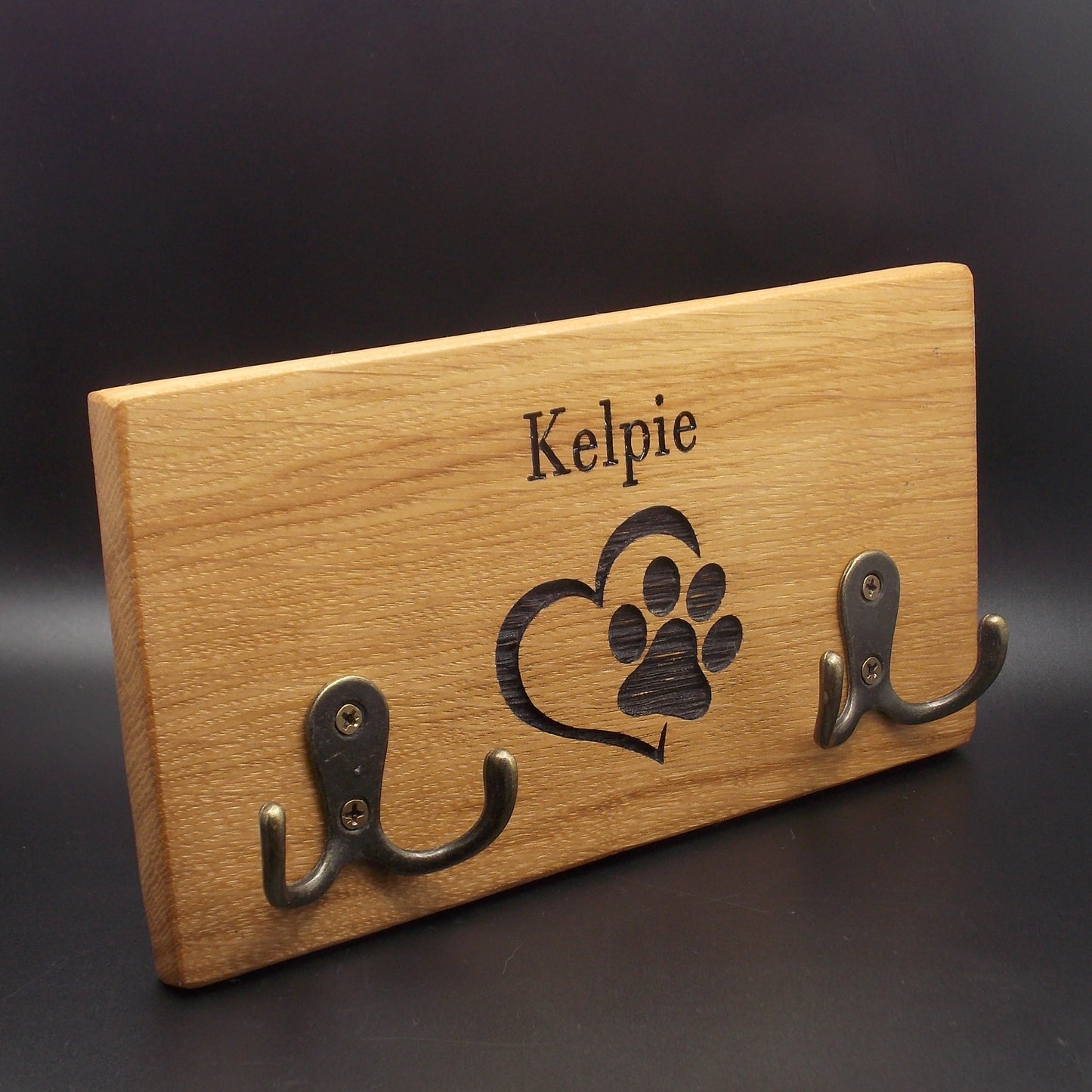 Personalised Oak Dog Lead Holder: Single Name Engraved with Brass Hooks