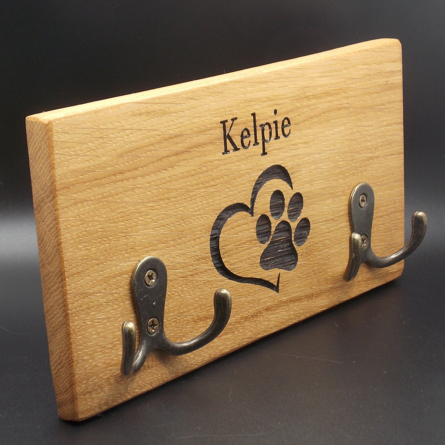 Personalised Oak Dog Lead Holder: Single Name Engraved with Brass Hooks