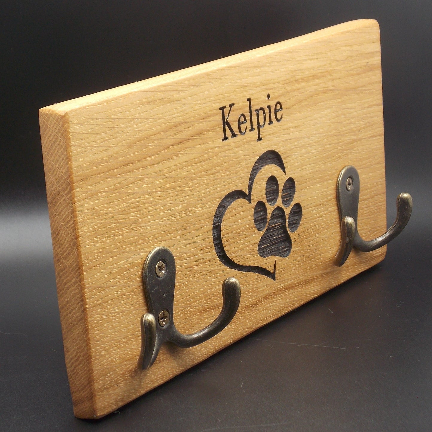 Personalised Oak Dog Lead Holder: Single Name Engraved with Brass Hooks
