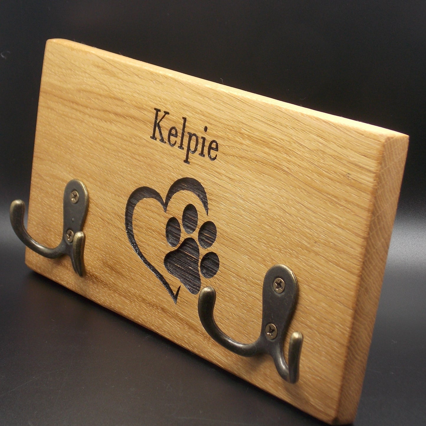 Personalised Oak Dog Lead Holder: Single Name Engraved with Brass Hooks