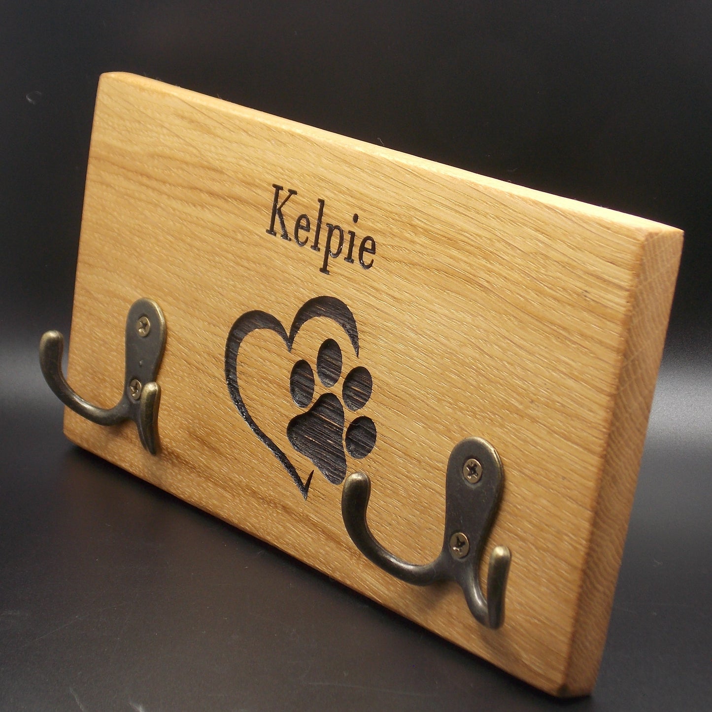 Personalised Oak Dog Lead Holder: Single Name Engraved with Brass Hooks