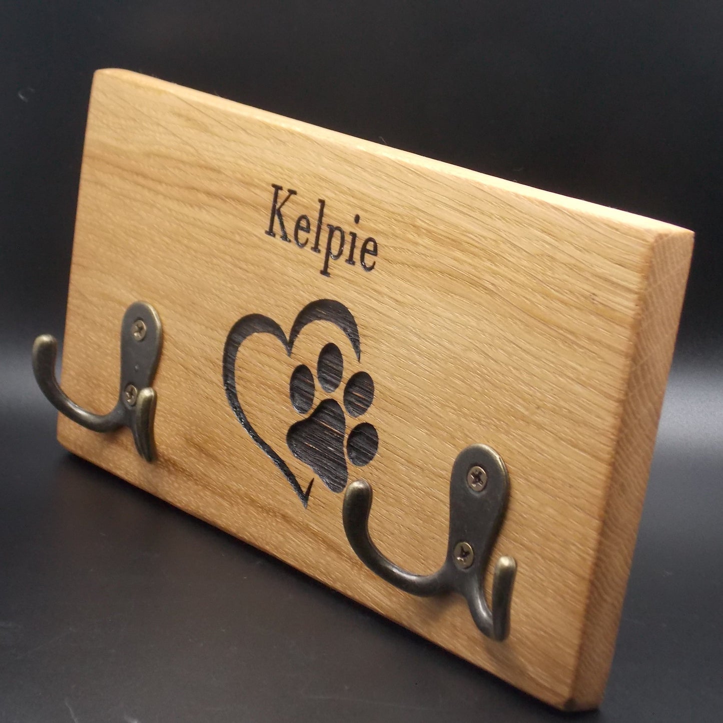 Personalised Oak Dog Lead Holder: Single Name Engraved with Brass Hooks