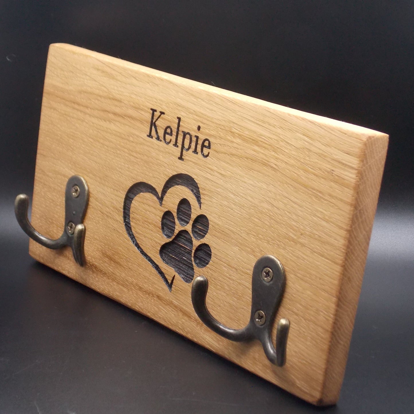 Personalised Oak Dog Lead Holder: Single Name Engraved with Brass Hooks