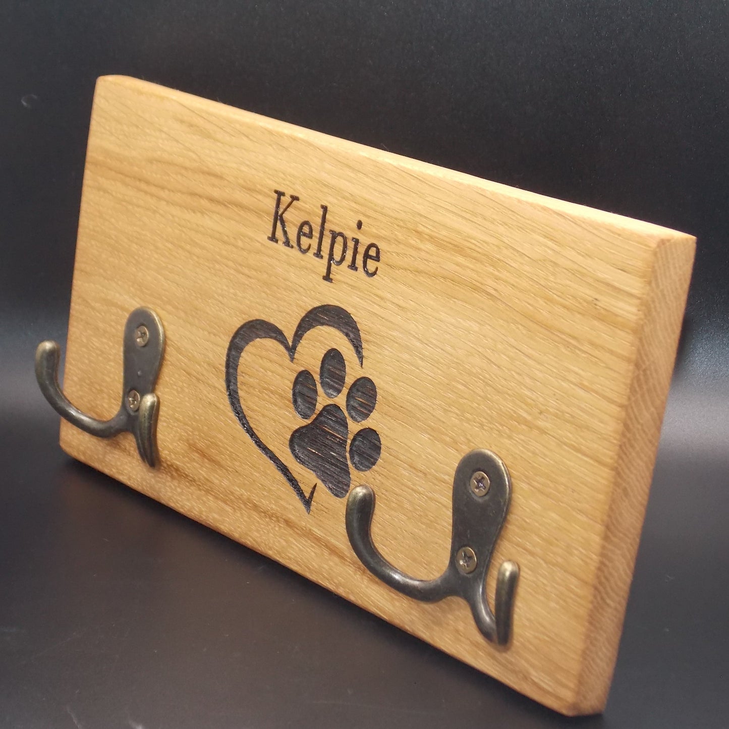 Personalised Oak Dog Lead Holder: Single Name Engraved with Brass Hooks