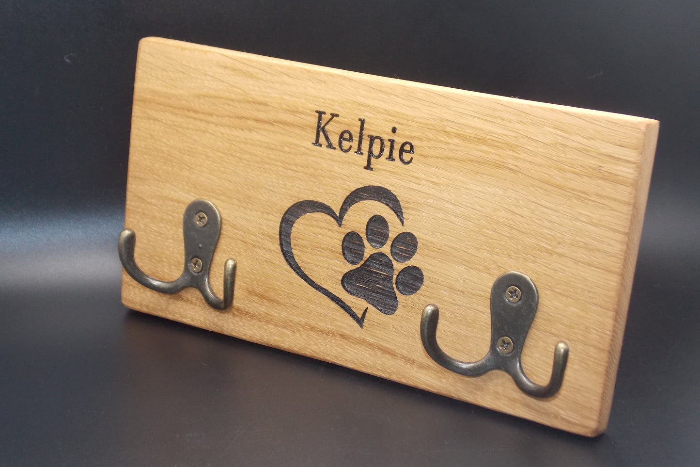 Personalised Oak Dog Lead Holder: Single Name Engraved with Brass Hooks