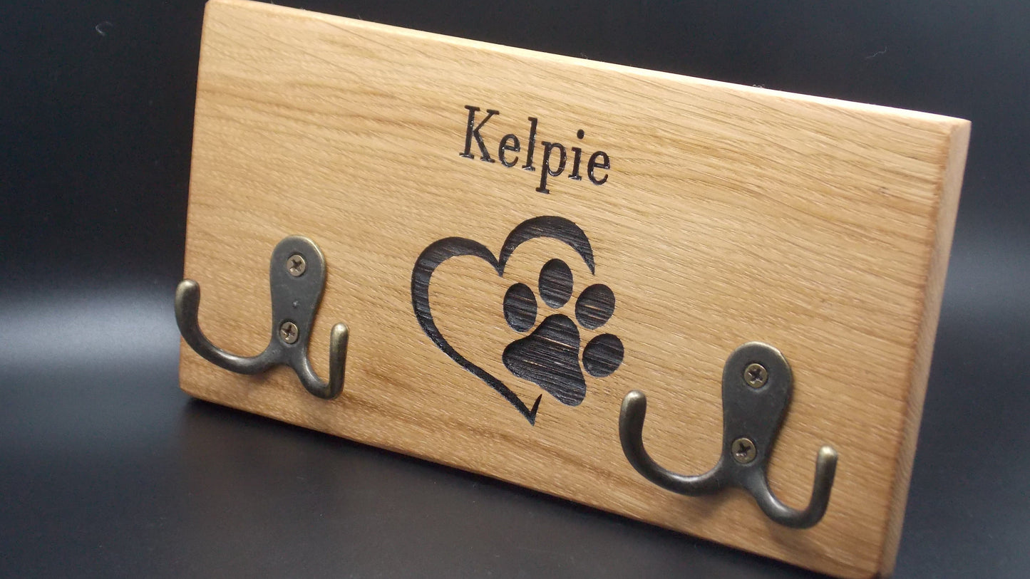 Personalised Oak Dog Lead Holder: Single Name Engraved with Brass Hooks