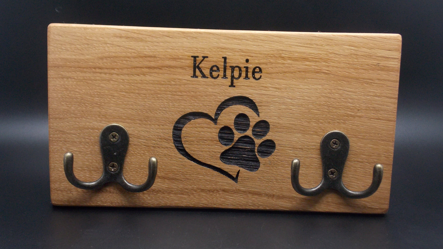 Personalised Oak Dog Lead Holder: Single Name Engraved with Brass Hooks