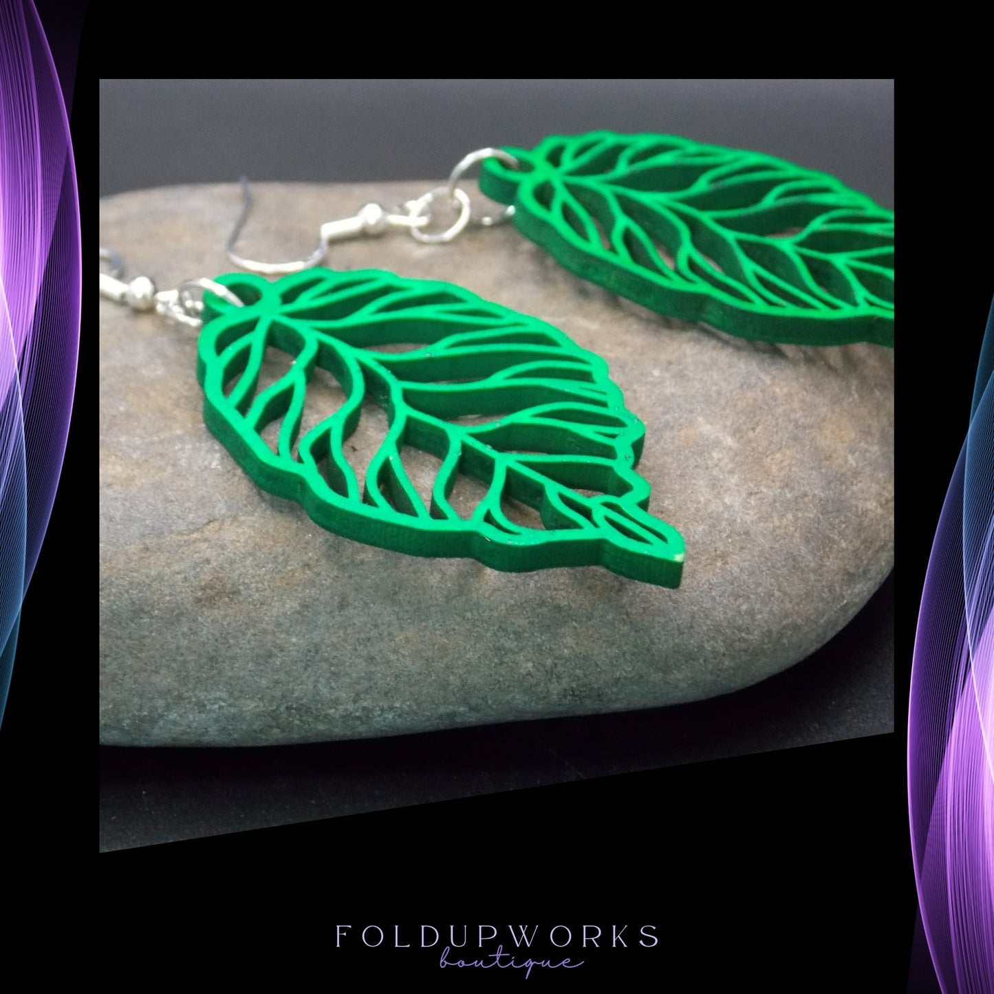Handmade Green Leaf Earrings – Laser Cut Wooden Jewelry with Sterling Silver Hooks – Nature-Inspired Lightweight Earrings