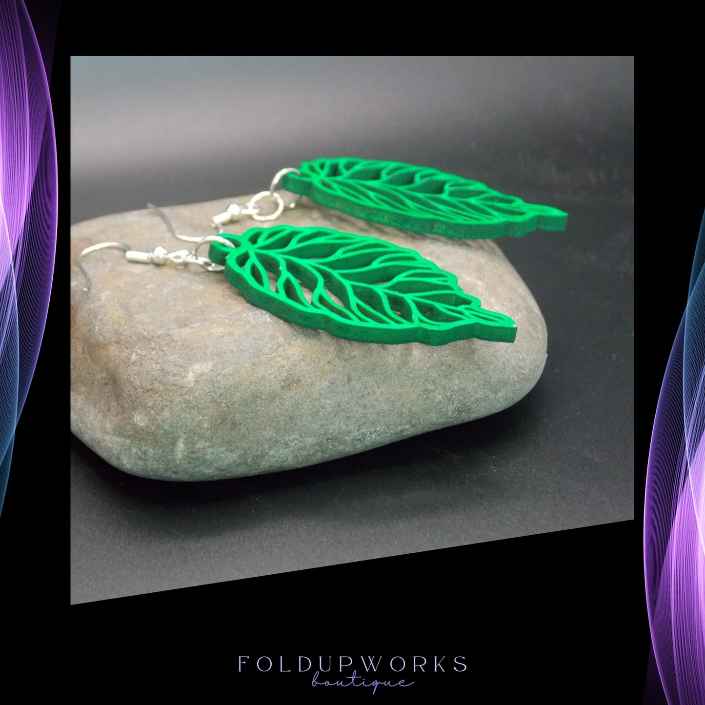 Handmade Green Leaf Earrings – Laser Cut Wooden Jewelry with Sterling Silver Hooks – Nature-Inspired Lightweight Earrings