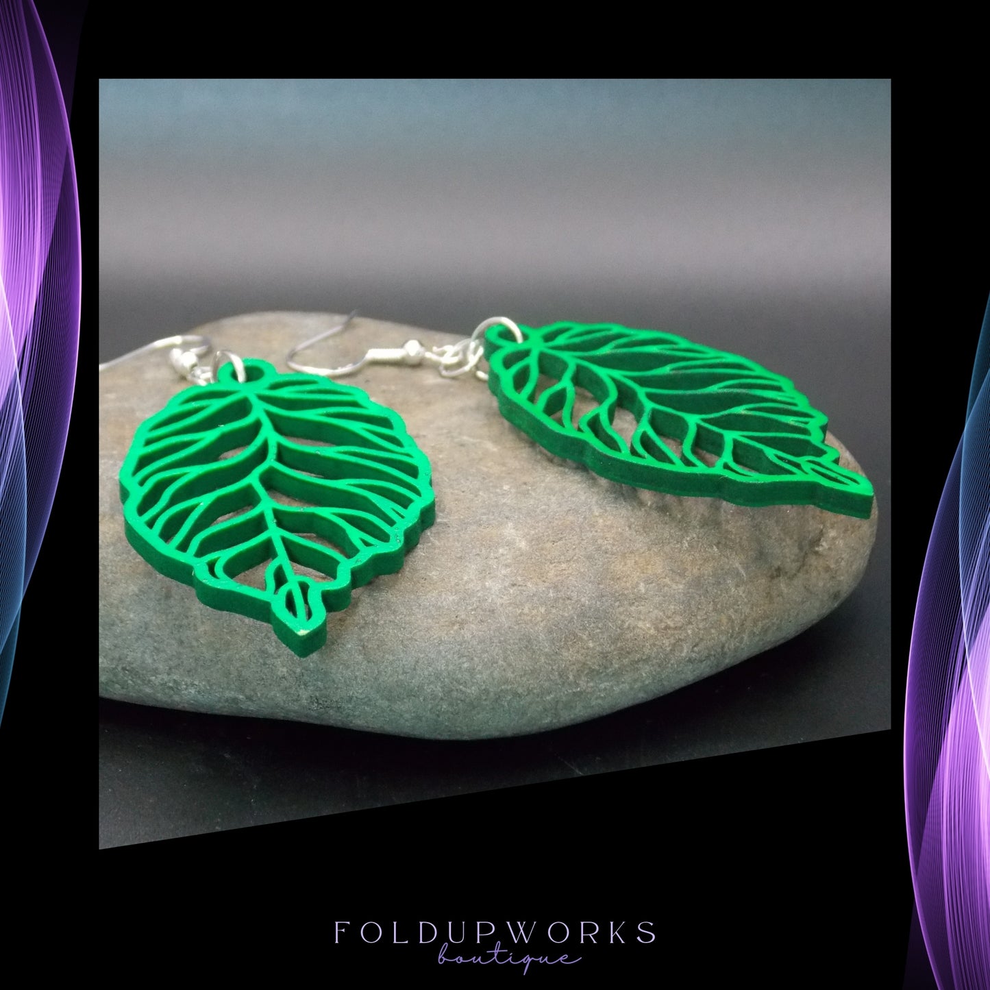 Handmade Green Leaf Earrings – Laser Cut Wooden Jewelry with Sterling Silver Hooks – Nature-Inspired Lightweight Earrings