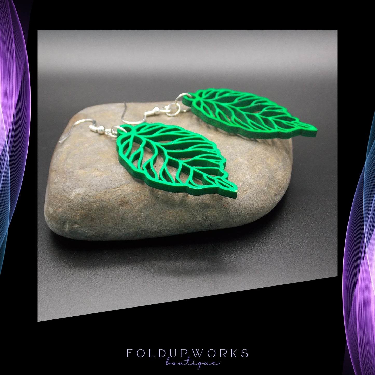 Handmade Green Leaf Earrings – Laser Cut Wooden Jewelry with Sterling Silver Hooks – Nature-Inspired Lightweight Earrings