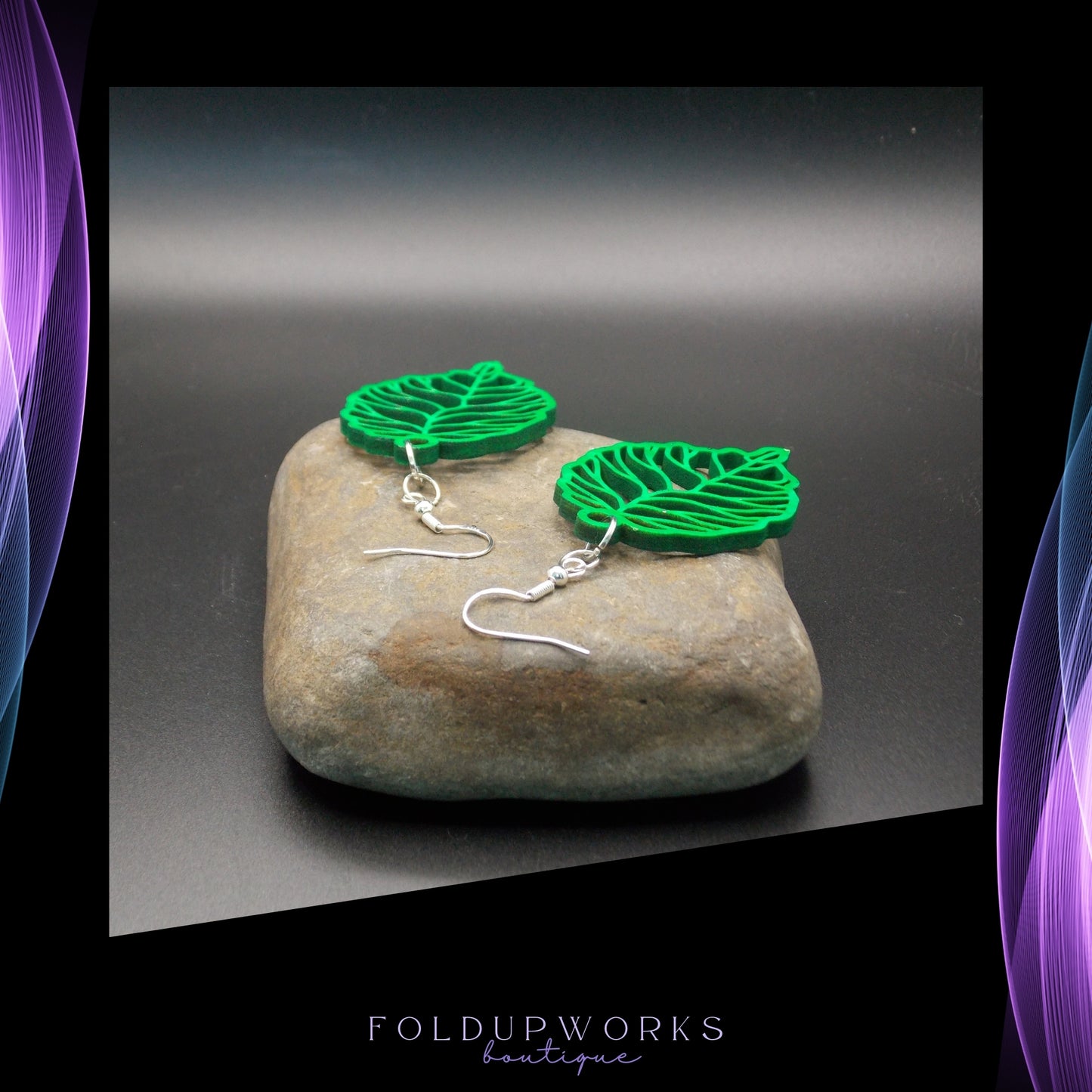 Handmade Green Leaf Earrings – Laser Cut Wooden Jewelry with Sterling Silver Hooks – Nature-Inspired Lightweight Earrings