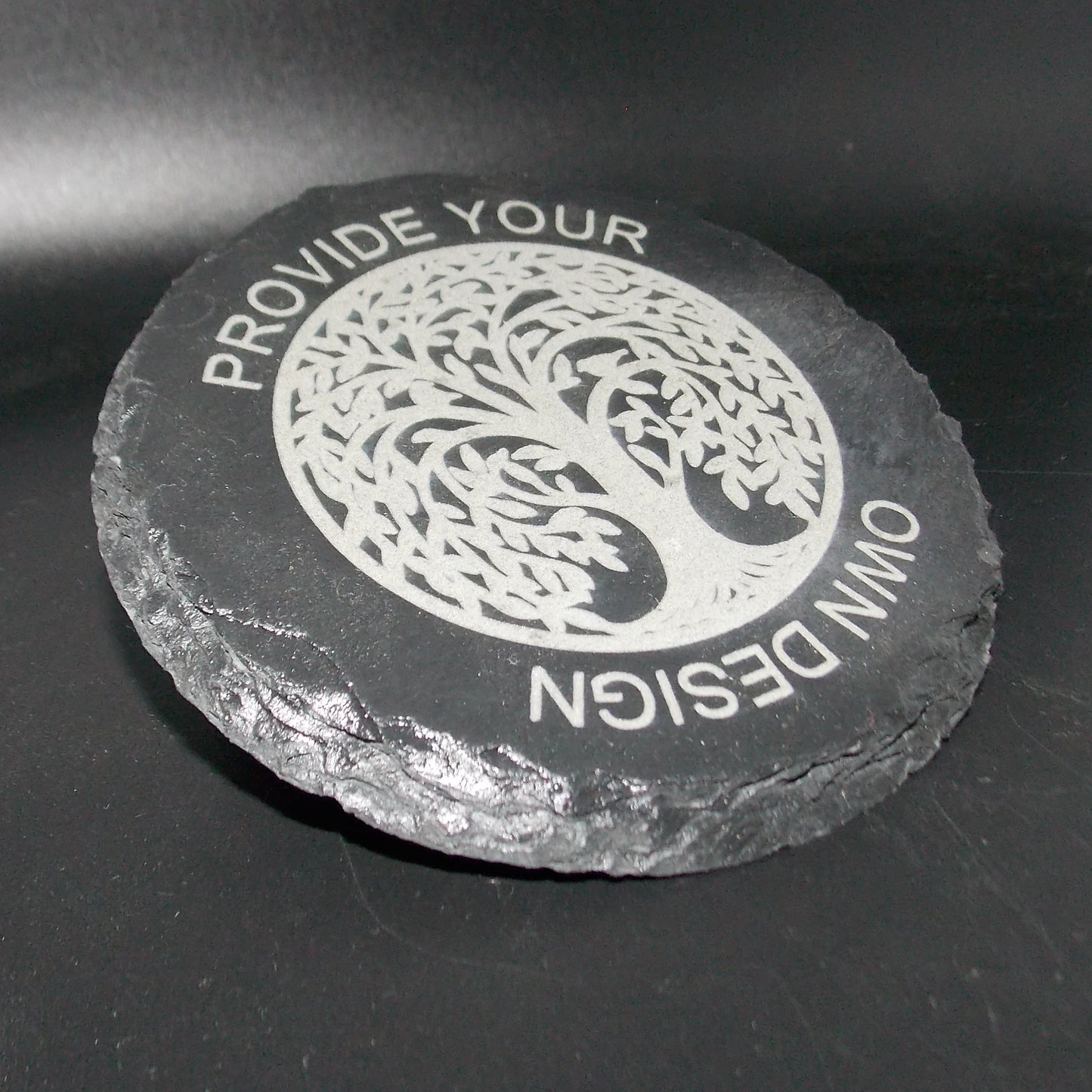 Custom Engraved Slate Coaster – Your Design or Ours | Personalized 4" Round Stone Drink Coaster | Matte or Gloss Finish | Singles or Sets of 4